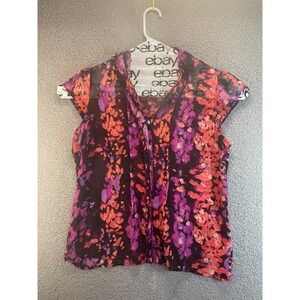 Worthington Blouse Womens XL Short Sleeve Flutter V Neck Button Floral Top Sheer